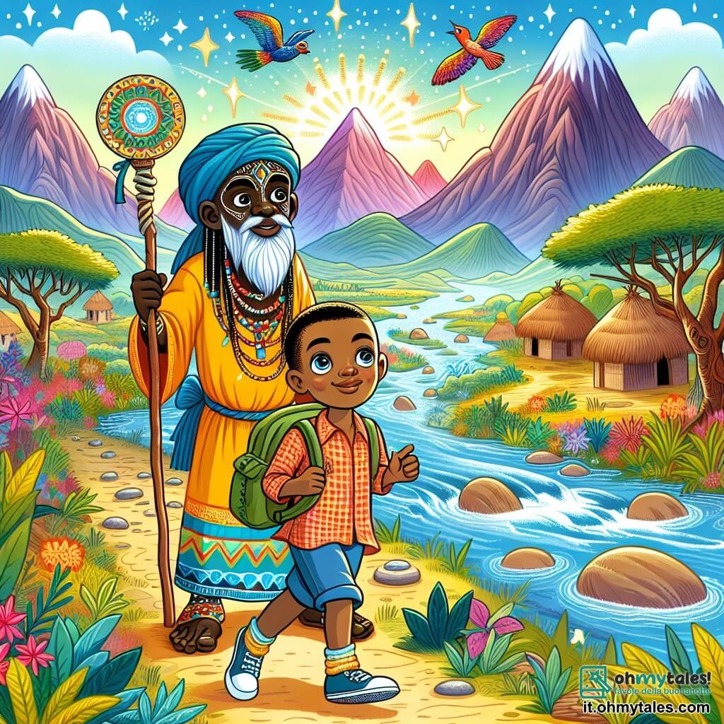Une illustration destinée aux enfants représentant un jeune homme courageux et curieux se lançant dans un voyage au-delà des montagnes, accompagné d'un mystérieux guide spirituel, dans un village africain coloré et vibrant de vie, entouré de majestueuses montagnes et de fiumi scintillanti.