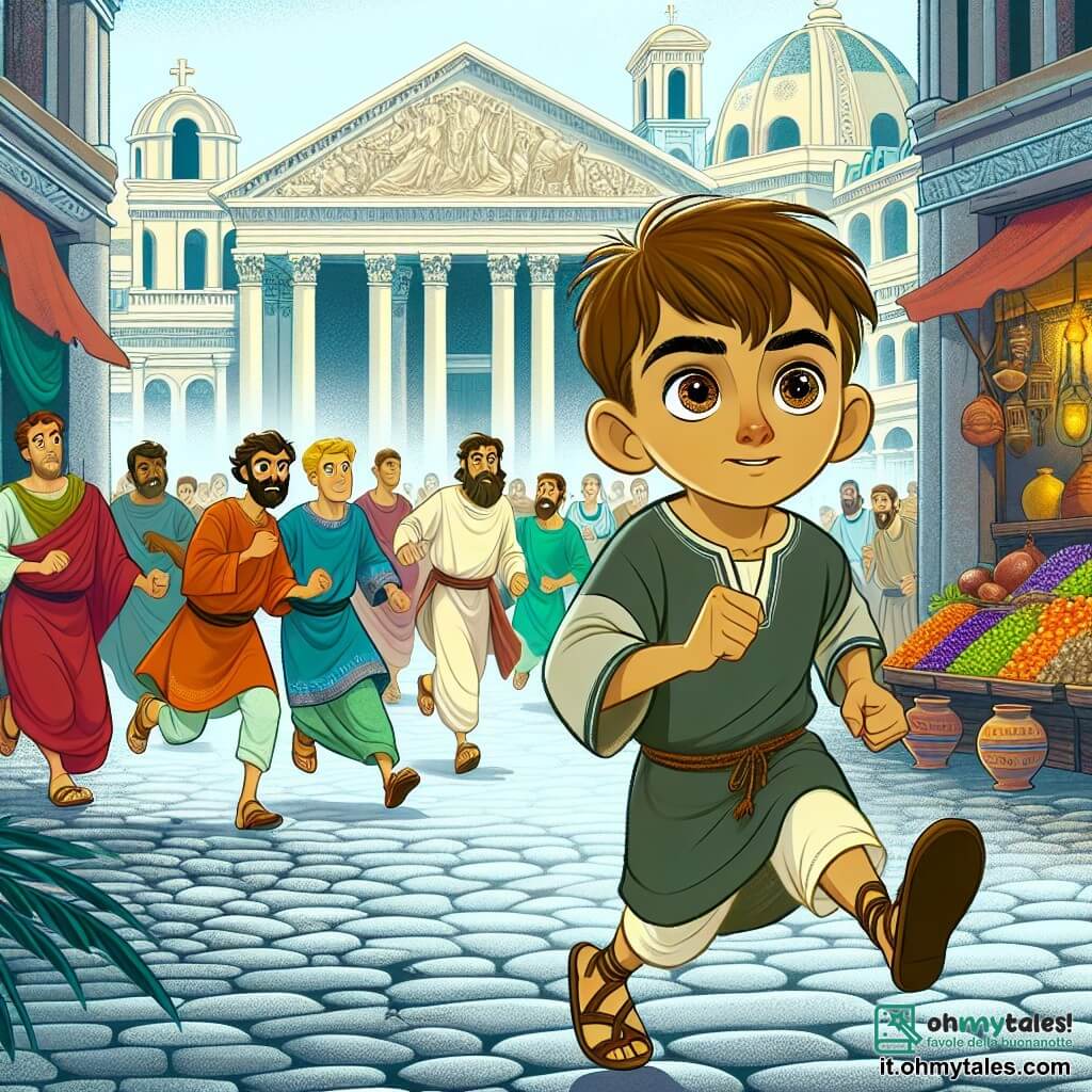 Une illustration sous forme de dessin destinée aux enfants représentant une scène animée dans la Rome antique, avec un garçon de 11 ans aux cheveux bruns et aux yeux pétillants, vêtu d'une tunique simple, courant avec détermination à travers une rue pavée, tandis qu'un groupe de garçons de son âge, tous en tunique colorée, le suit avec enthousiasme, et en arrière-plan, des bâtiments majestueux et des étals de marché débordant de fruits et de poteries, alors qu'ils tentent d'échapper à des hommes armés qui envahissent le palais, créant une atmosphère de tension et d'aventure.