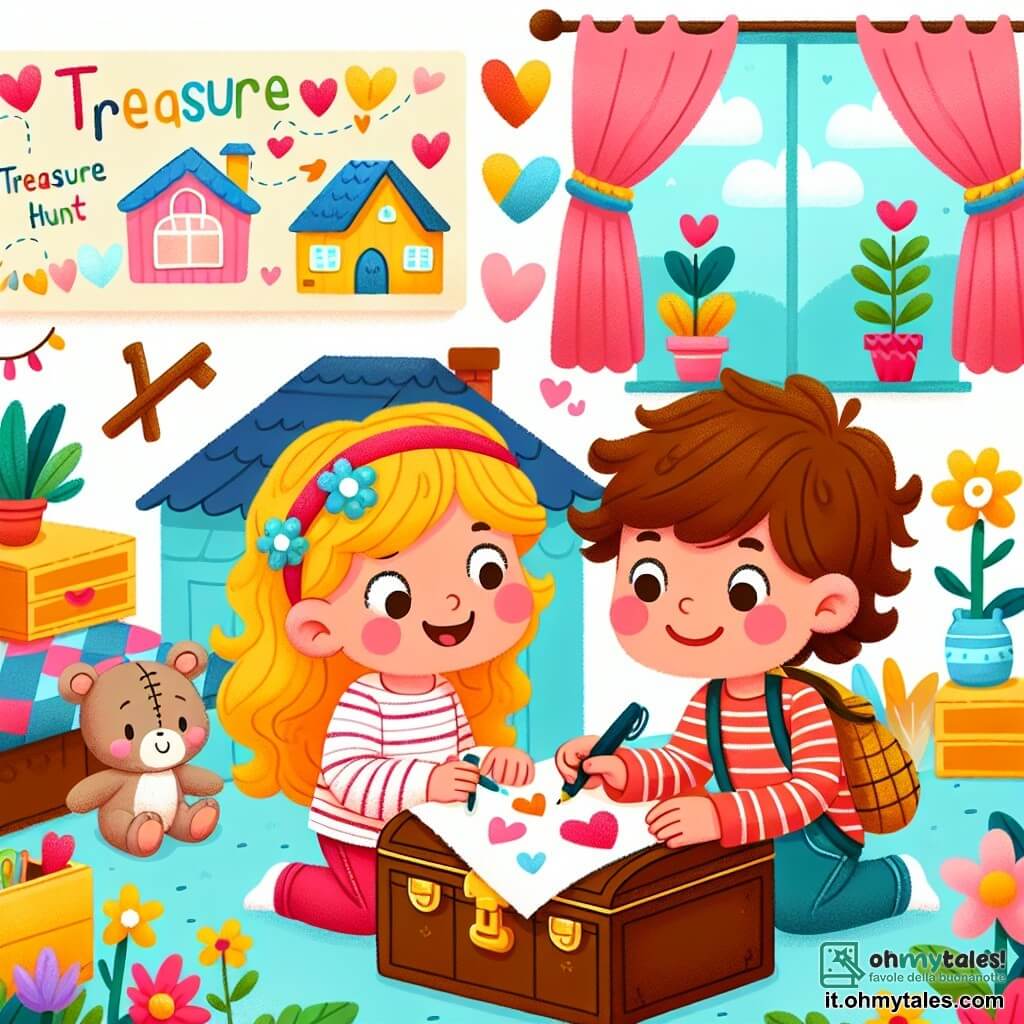 Une illustration destinée aux enfants représentant une petite fille joyeuse préparant une caccia al tesoro pour sa maman, accompagnée de son ami Tommaso, dans une maison colorée et chaleureuse décorée de fleurs et de cœurs.