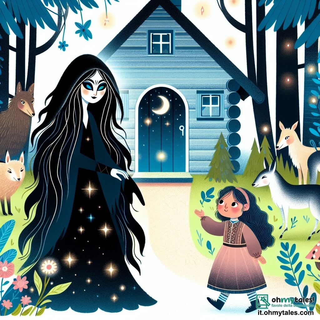 Une illustration destinée aux enfants représentant une femme mystérieuse aux cheveux noirs brillants comme la nuit, se tenant devant sa cabane magique entourée d'animaux amicaux et de plantes lumineuses, accueillant une jeune pastorelle égarée dans la forêt incantée.