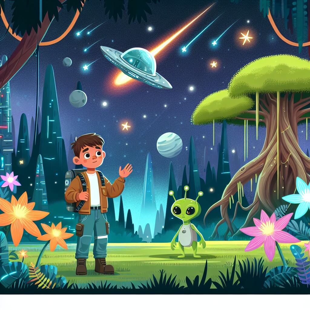 Une illustration destinée aux enfants représentant un homme curieux et aventurier, accompagné d'un petit alien vert, explorant une forêt magique aux arbres géants, avec des fleurs lumineuses et des étoiles filantes, située sur une planète lointaine.