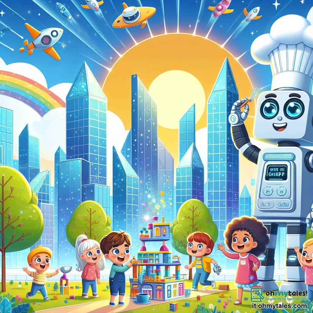 Une illustration sous forme de dessin destinée aux enfants représentant une ville futuriste lumineuse avec des maisons en verre scintillant et des arbres aux feuilles colorées, où une petite fille de 3 ans aux grands yeux bleus et aux cheveux bouclés joue joyeusement en construisant un robot cuisinier avec un groupe d'enfants, tandis qu'un grand robot amical au design futuriste les observe avec un sourire, le tout sous un ciel ensoleillé rempli de robots volants.