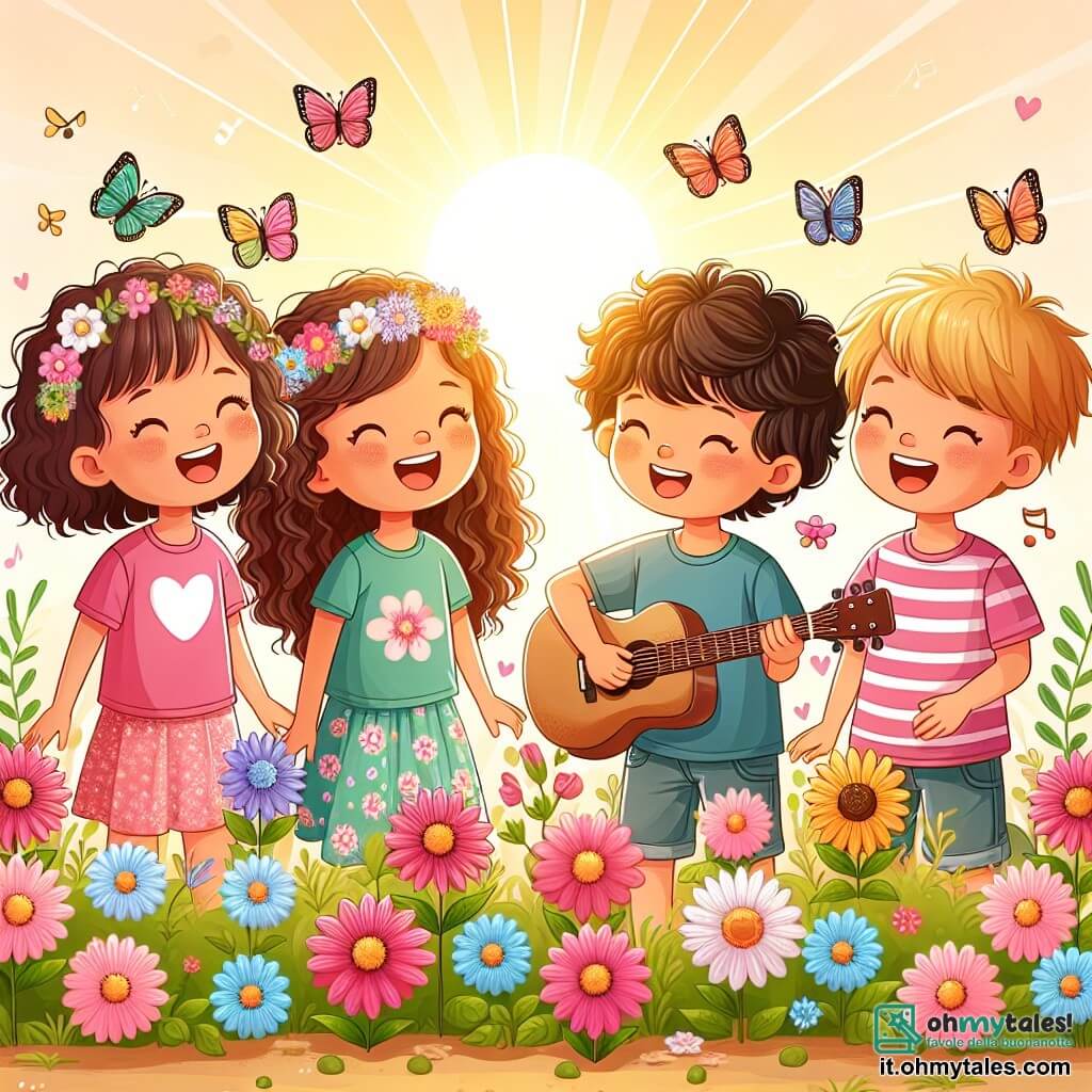 Une illustration sous forme de dessin destinée aux enfants représentant un jardin en fleurs, baigné par la lumière dorée du soleil du matin, où un groupe de quatre enfants de 11 ans, deux filles aux cheveux bouclés et souriants, l'une portant une t-shirt rose et l'autre une robe à fleurs, ainsi qu'un garçon aux cheveux bruns et un autre aux cheveux blonds, tous en train de chanter joyeusement ensemble avec une guitare, illustrant leur confiance en soi et leur amitié, tandis que des papillons colorés volent autour d'eux, symbolisant la liberté et l'espoir.