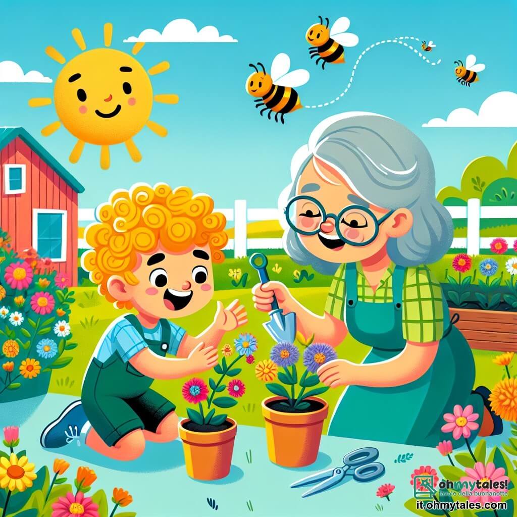 Une illustration sous forme de dessin destinée aux enfants représentant un jardin coloré et ensoleillé dans une ferme, où un garçon de 3 ans aux cheveux blonds et bouclés, vêtu d'un t-shirt bleu et de shorts verts, s'active joyeusement à planter des fleurs aux côtés de sa grand-mère, une femme âgée aux cheveux gris et aux lunettes, qui lui montre comment prendre soin des plantes, tandis que des abeilles volent autour d'eux, symbolisant l'importance de la pollinisation et de l'écologie.