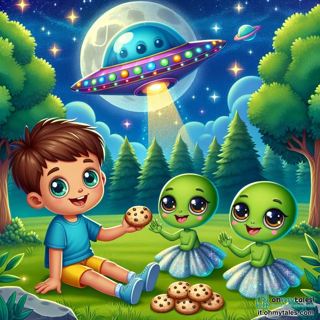 Une illustration sous forme de dessin destinée aux enfants représentant une clairière enchantée dans un bois verdoyant, où un garçon de 5 ans aux cheveux bruns et aux yeux pétillants, vêtu d'un t-shirt bleu et d'un short jaune, est assis sur l'herbe en train de partager des biscuits avec trois petits extraterrestres verts aux grands yeux ronds et sourires éclatants, qui portent des tutes argentées scintillantes, tandis qu'une petite navette spatiale colorée brille en arrière-plan sous la lumière de la lune, illustrant un moment de découverte et d'amitié intergalactique.