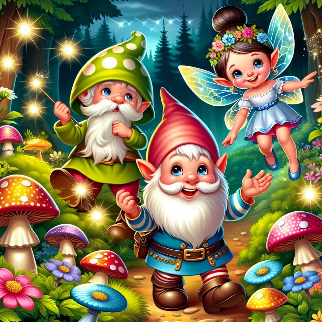 Une illustration destinée aux enfants représentant un lutin malicieux et espiègle, se trouvant dans une forêt enchantée remplie de champignons lumineux et de fleurs aux couleurs vives, accompagné d'une fée étincelante, dans une aventure pour retrouver un trésor perdu.