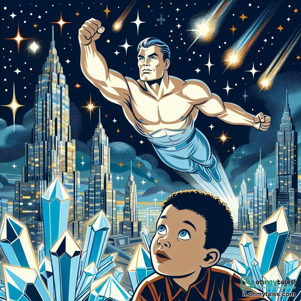 Une illustration destinée aux enfants représentant un super-héros homme aux muscles saillants, en train de voler dans le ciel étoilé de la ville de Cristallia, accompagné d'un jeune garçon aux grands yeux émerveillés, éclairée par les lumières scintillantes des gratte-ciel en cristal.