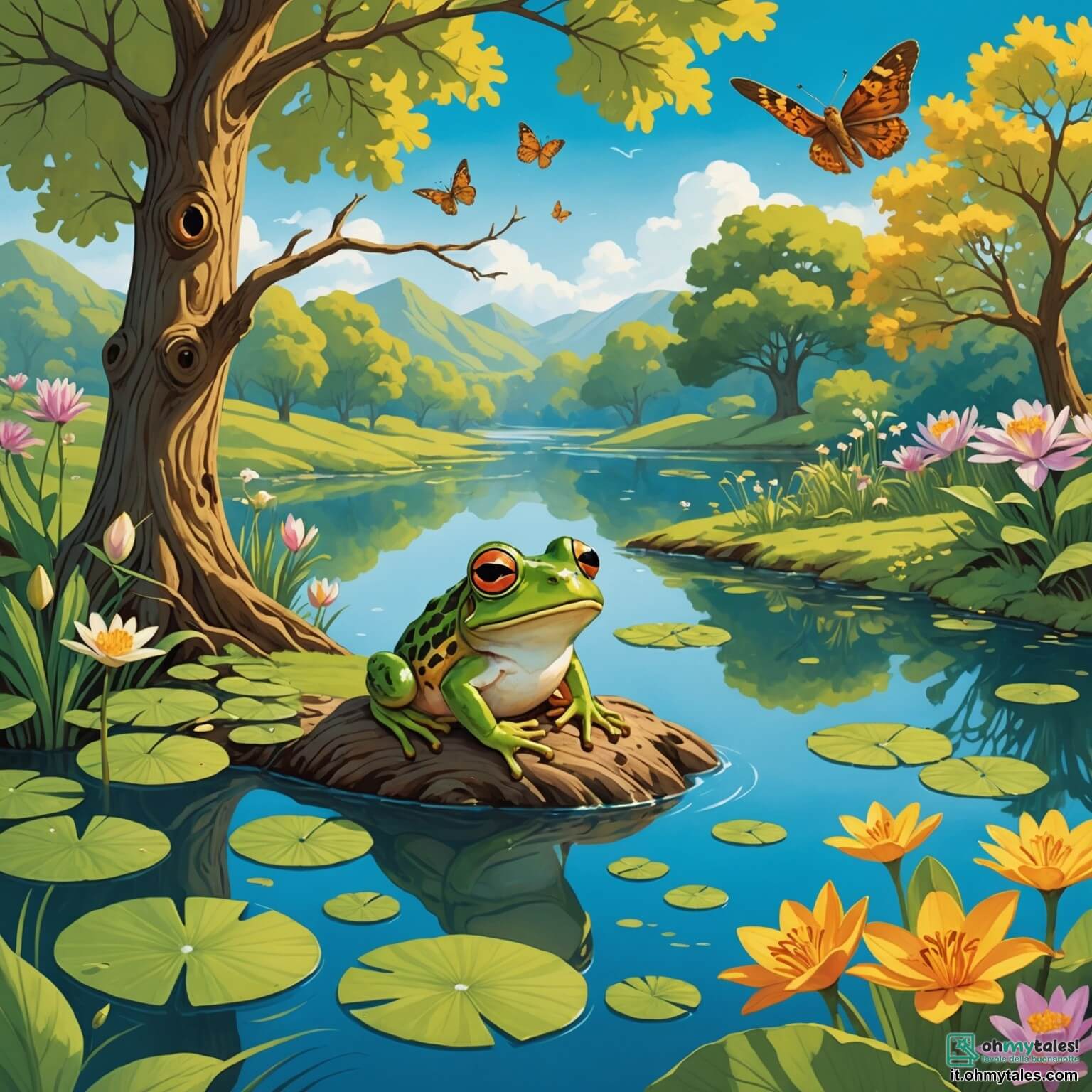 Une illustration destinée aux enfants représentant une petite grenouille verte aux yeux dorés, pleine de curiosité et d'enthousiasme, qui rêve d'aventures au-delà des collines verdoyantes, tandis qu'un vieux hibou sage, avec son plumage brun et ses grandes ailes, l'observe depuis une branche d'un majestueux chêne, le tout se déroulant dans un paisible étang entouré de fleurs colorées et de nénuphars flottants sous un ciel bleu éclatant.
