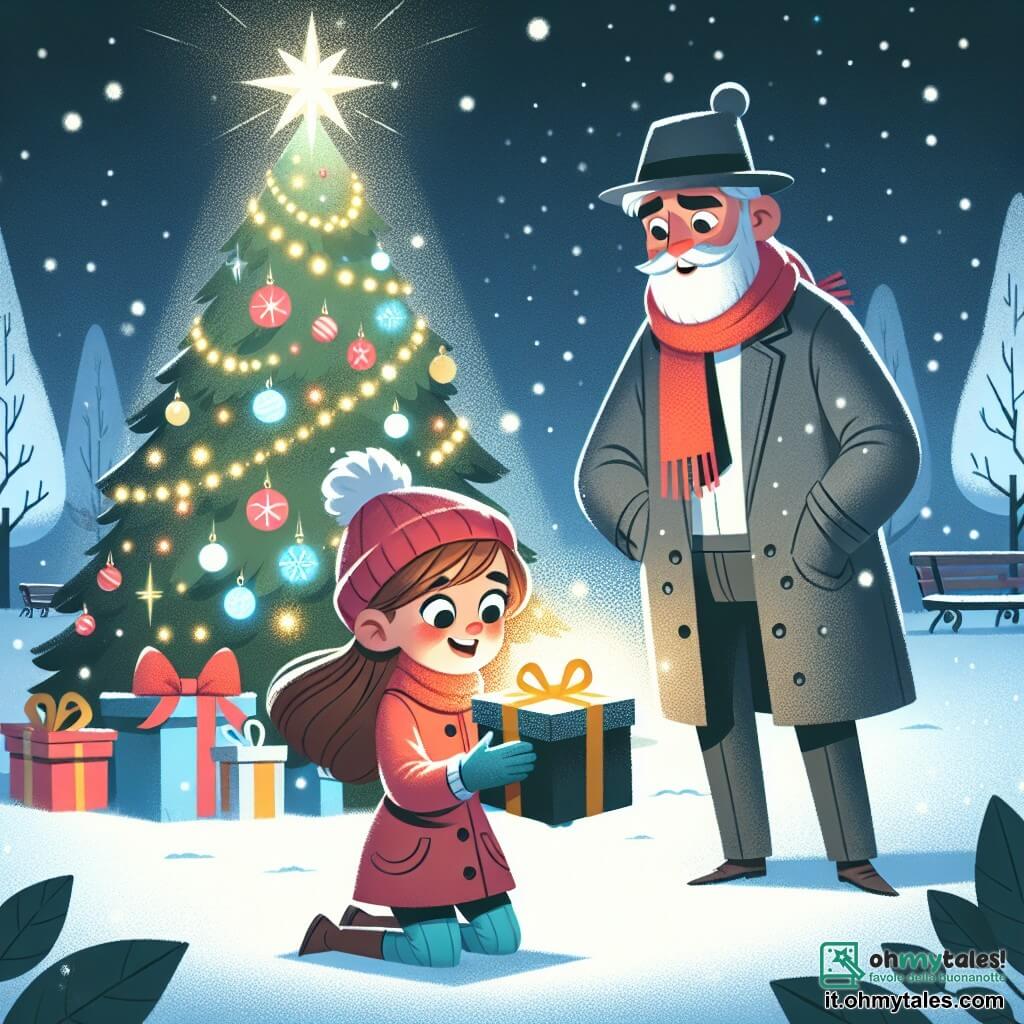 Une illustration destinée aux enfants représentant une fille curieuse découvrant un mystérieux cadeau de Noël avec l'aide de son ami garçon sous un grand sapin illuminé de lumières scintillantes dans un parc enneigé.