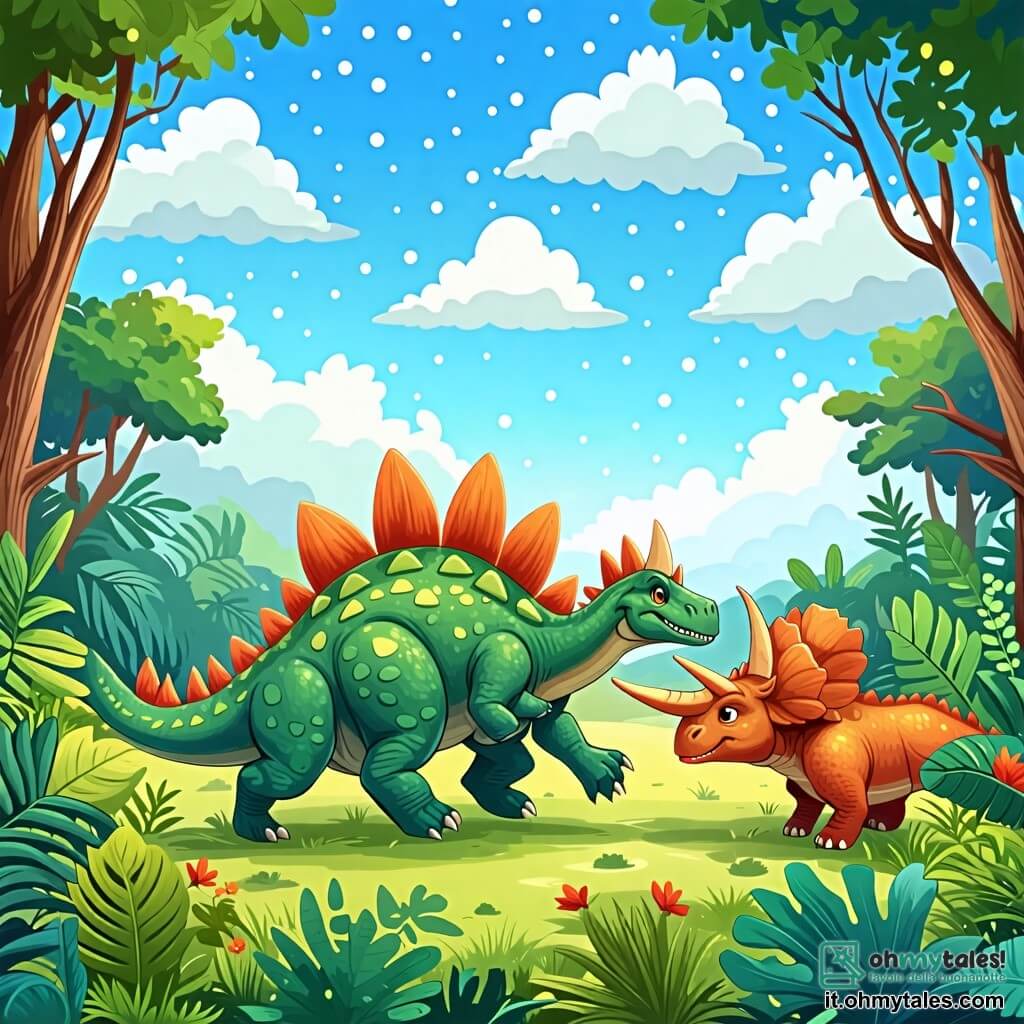Une illustration sous forme de dessin destinée aux enfants représentant une clairière verdoyante au cœur d'une forêt préhistorique, où un petit stégosaure aux écailles vertes et aux épines en forme de plaques sur le dos s'élance joyeusement, entouré de ses amis : un grand tyrannosaure au sourire amical et une triceratops aux cornes majestueuses, tous jouant ensemble sous un ciel bleu parsemé de nuages moelleux, illustrant l'esprit d'aventure et d'amitié dans un monde de dinosaures.
