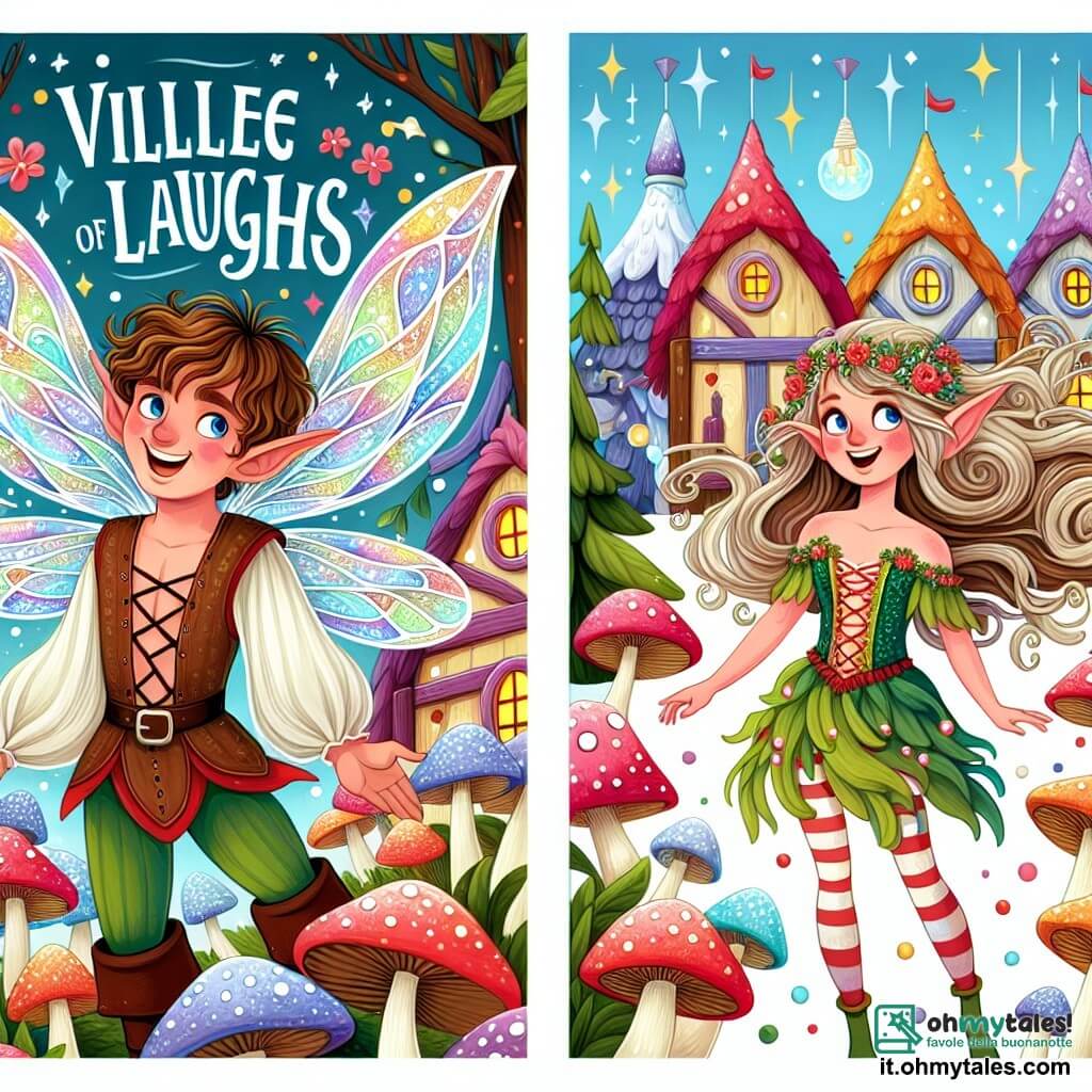Une illustration destinée aux enfants représentant un lutin malicieux aux ailes chatoyantes, une lutine courageuse aux cheveux en cascade, égarés dans le Village des Rires, un endroit où les maisons de champignons multicolores dansent au rythme des éclats de joie.