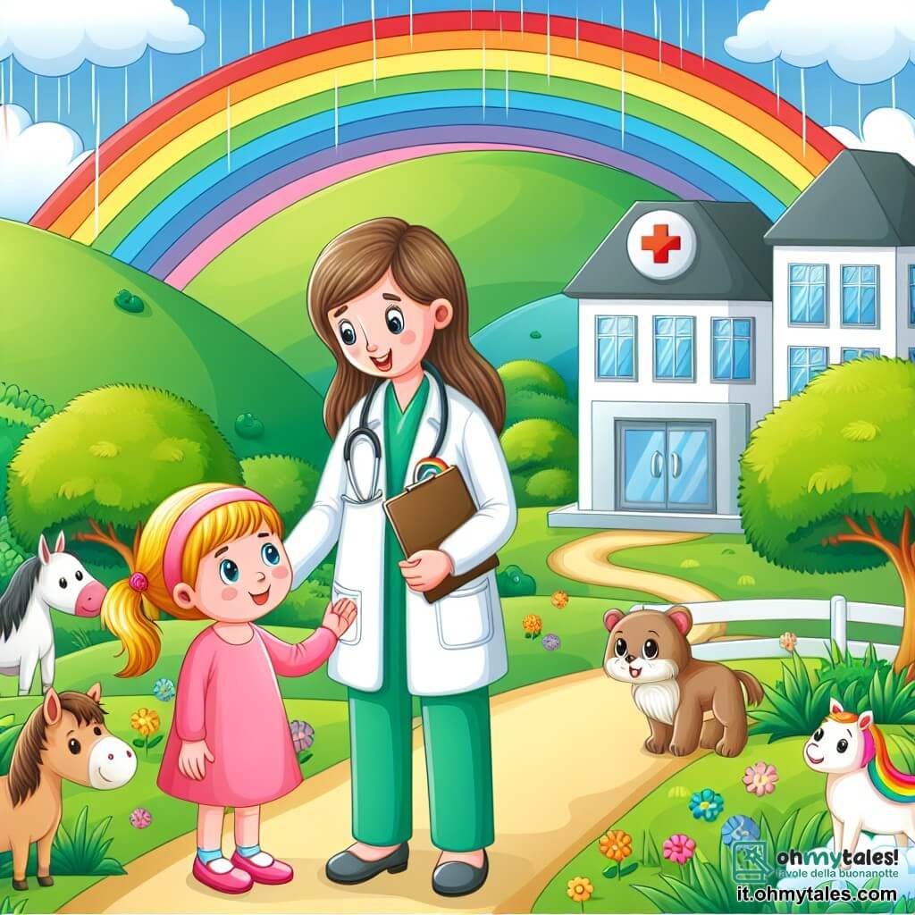 Une illustration destinée aux enfants représentant une jeune femme médecin attentionnée, accompagnée d'une fillette aux yeux curieux, dans un petit hôpital perché au sommet d'une colline verdoyante, entouré d'arcobaleni e animali felici.