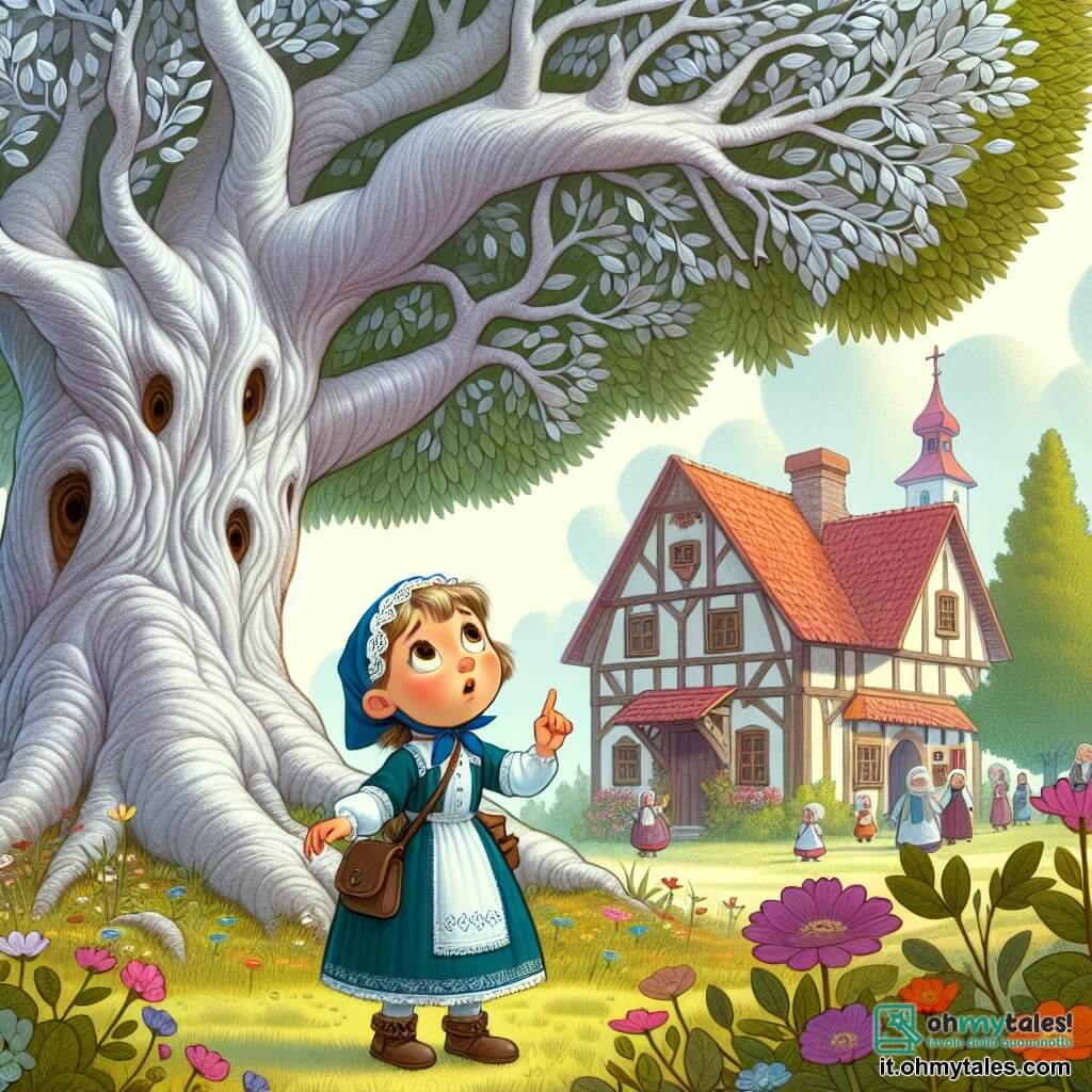 Une illustration destinée aux enfants représentant une fillette curieuse se tenant devant un arbre majestueux aux feuilles d'argent, en train d'écouter attentivement un mystérieux vieil arbre parlant, dans un petit village entouré de prairies verdoyantes et de fleurs colorées.