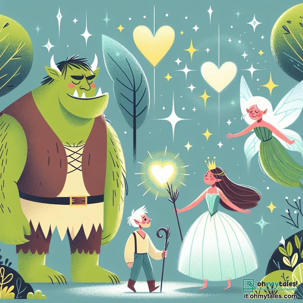 Une illustration destinée aux enfants représentant un ogre au grand cœur, une fée courageuse, et un bosquet enchanté aux couleurs chatoyantes où se déroule une rencontre magique et pleine d'espoir.