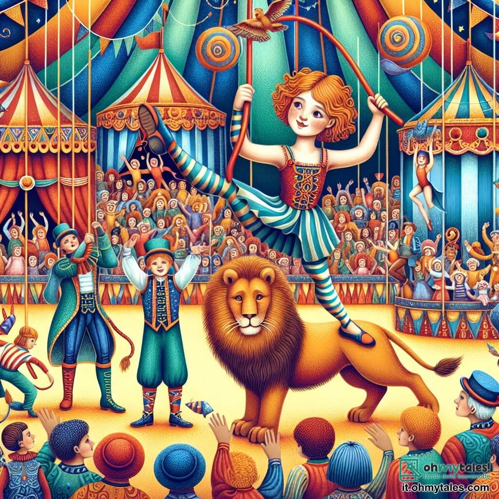 Une illustration destinée aux enfants représentant une petite acrobate fille effectuant des acrobaties incroyables avec l'aide d'un lion dompteur garçon, dans un cirque coloré et animé rempli de chapiteaux, d'artistes et de spectateurs émerveillés.