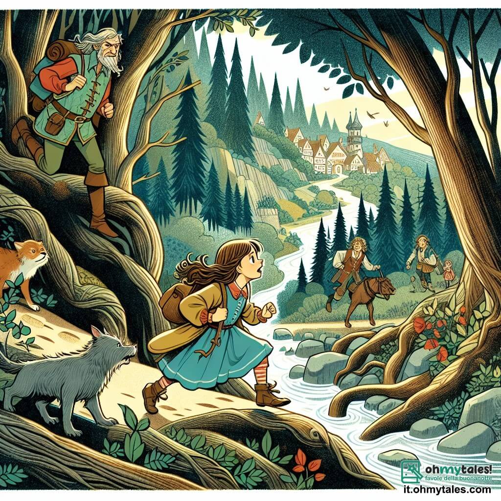 Une illustration destinée aux enfants représentant une jeune fille intrépide, accompagnée de ses fidèles amis, se lançant dans une aventure périlleuse à travers une forêt enchantée aux arbres majestueux et aux sentiers sinueux, en quête d'un remède mystérieux pour sauver son village.