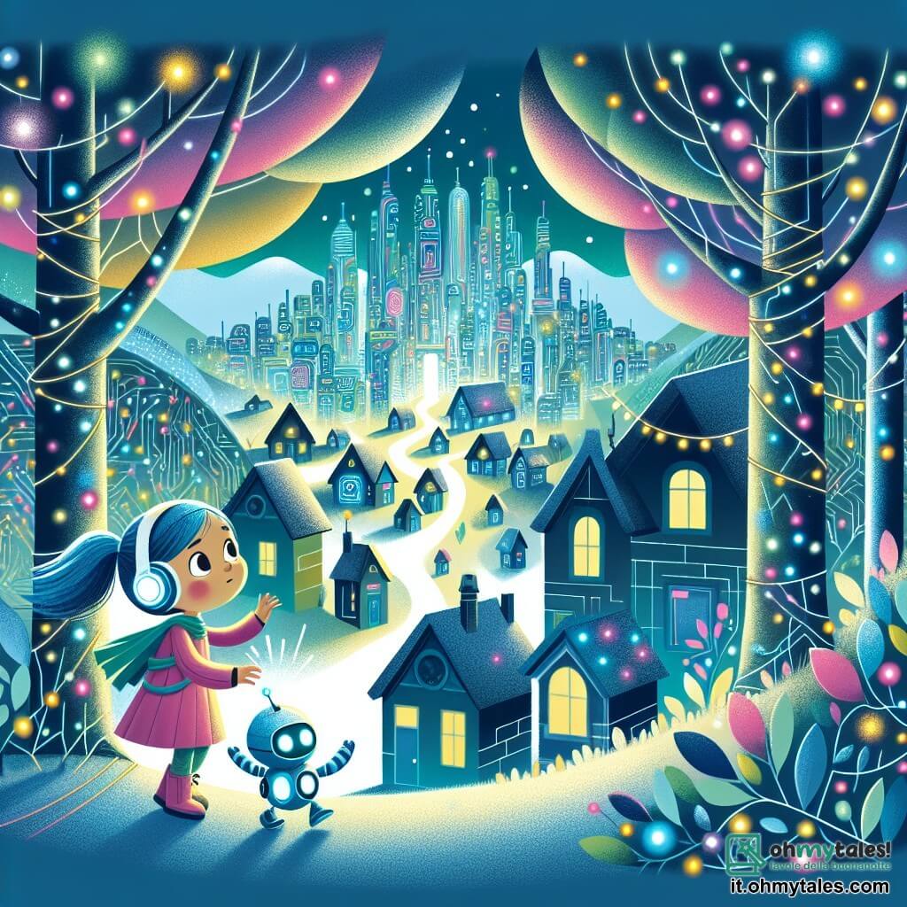 Une illustration destinée aux enfants représentant une fille curieuse explorant une forêt électronique lumineuse avec son robot compagnon, Spark, dans la ville futuriste de Nova City, où les arbres brillent de mille couleurs et les maisons ressemblent à des cristaux étincelants.