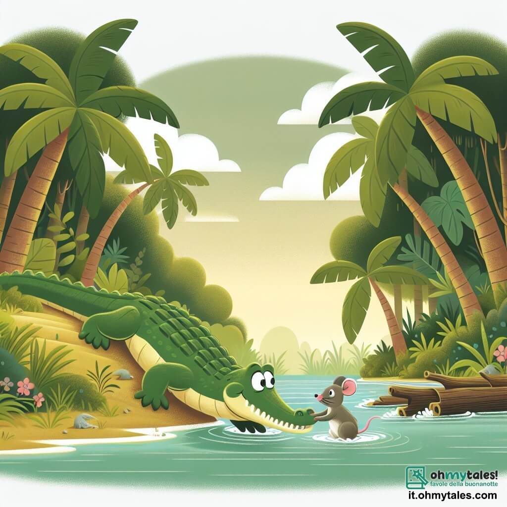 Une illustration destinée aux enfants représentant un crocodile au cœur tendre sauvant un petit topolino en détresse le long des rives d'un luxuriant bosco tropicale.