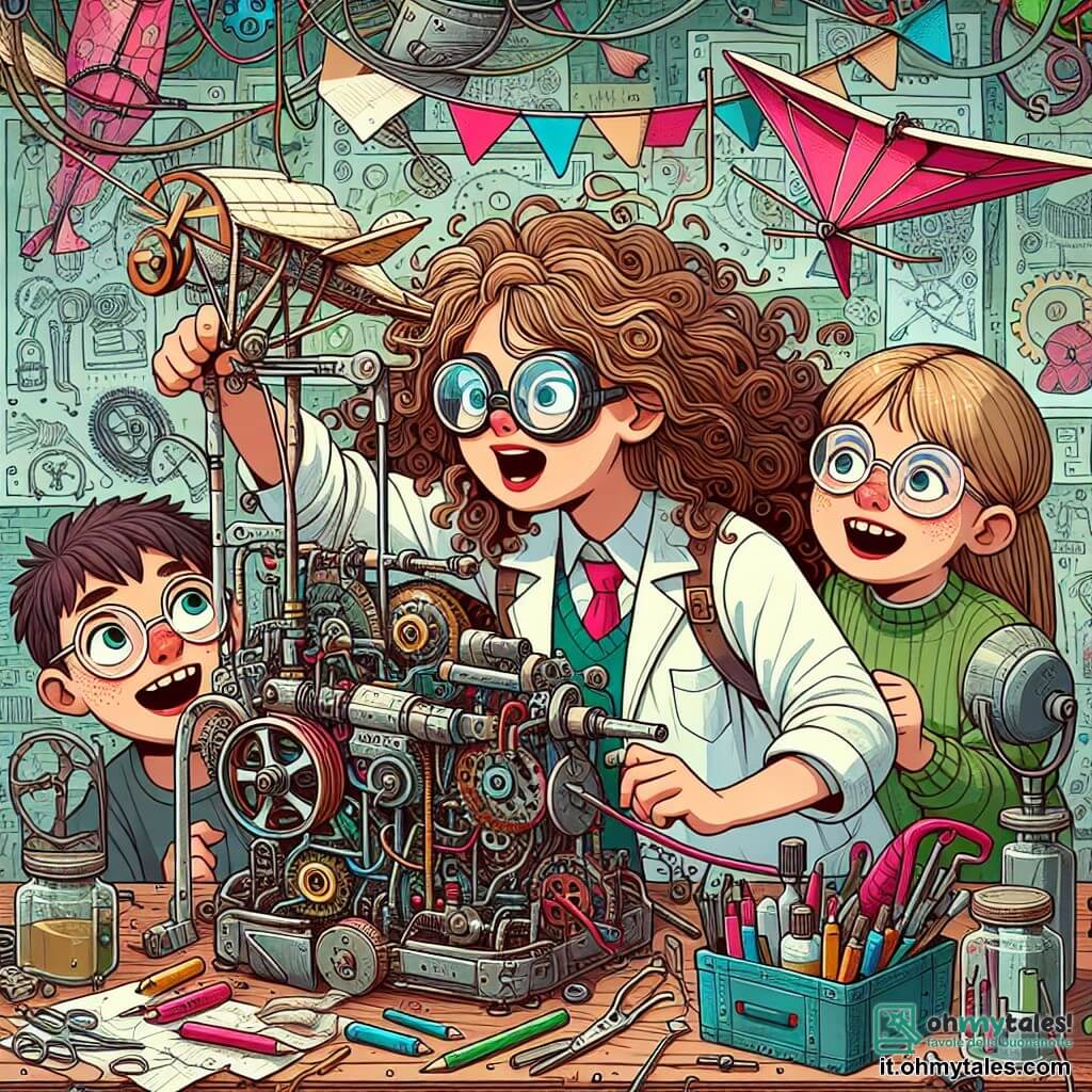 Une illustration sous forme de dessin destinée aux enfants représentant un laboratoire coloré et chaotique rempli de machines étranges et d'outils, où une jeune femme aux cheveux bouclés et aux lunettes rondes, vêtue d'une blouse de laboratoire, travaille avec enthousiasme sur une machine volante faite de tissus et de pièces recyclées, tandis que deux enfants, un garçon aux cheveux bruns et une fille aux cheveux blonds, l'observent avec des yeux écarquillés, impatients de voir leur amie s'envoler dans les airs avec son invention farfelue.
