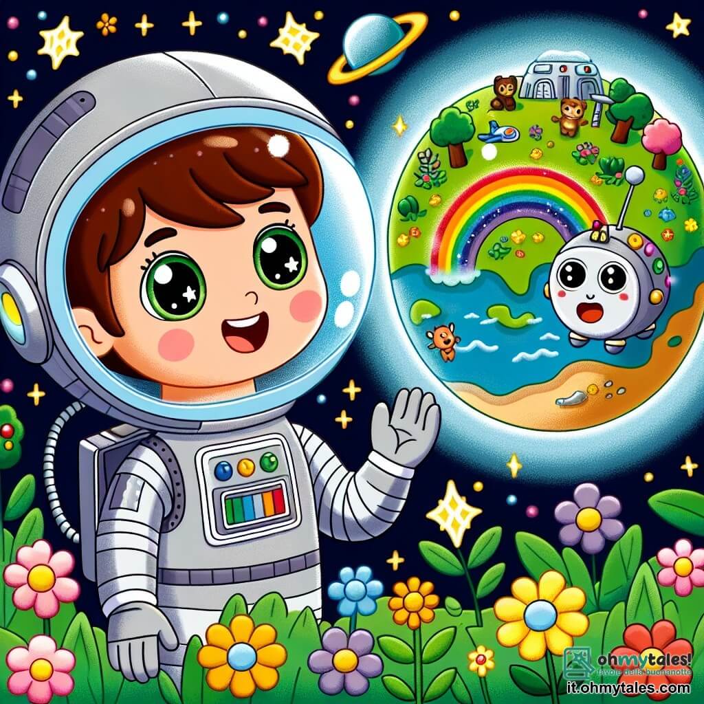 Une illustration sous forme de dessin destinée aux enfants représentant une station spatiale futuriste flottant dans l'immensité de l'espace, avec un homme aux cheveux bruns et aux yeux pétillants, vêtu d'une combinaison argentée brillante, observant avec émerveillement un magnifique pianeta verde rempli de fleurs colorées et d'animaux joyeux, tandis qu'un petit robot rond aux lumières arc-en-ciel flotte à ses côtés, tous deux prêts à explorer ce nouvel endroit magique.