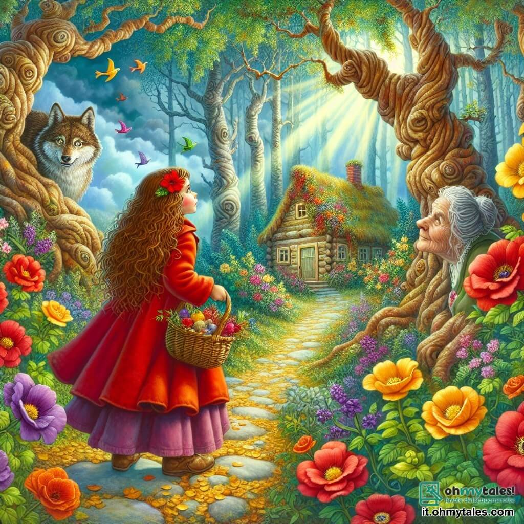 Illustrazione che rappresenta una scena magica in una foresta incantata, dove grandi alberi dai tronchi nodosi si ergono verso un cielo blu punteggiato di nuvole bianche e soffici. Fiori colorati, con petali brillanti di rosso, giallo e viola, bordano un sentiero tortuoso coperto di foglie dorate. Al centro dell'immagine, una giovane ragazza, vestita con un mantello rosso vivo che contrasta con il verde circostante, avanza con determinazione. I suoi lunghi capelli ricci, di colore castano, cadono liberamente sulle spalle. Porta un cesto di vimini pieno di deliziose leccornie, il suo viso splendente di curiosità ed entusiasmo. Sullo sfondo, una donna anziana, con capelli grigi e un sorriso caloroso, si trova all'ingresso di una piccola casa di legno, circondata da fiori e cespugli. Guarda la giovane con tenerezza, pronta ad accoglierla. La scena principale mostra la giovane che cammina sul sentiero, con uno sguardo deciso, mentre un lupo astuto, nascosto dietro un albero, osserva la scena con un'espressione subdola. Raggi di sole filtrano attraverso le foglie, illuminando il sentiero e creando un'atmosfera sia magica che un po' inquietante. Elementi aggiuntivi includono uccelli colorati che volano nel cielo e una leggera brezza che fa danzare le foglie, aggiungendo un tocco di vita a questa scena affascinante.