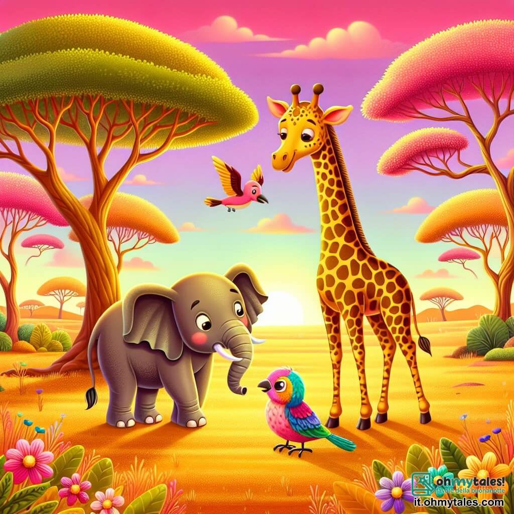 Illustrazione che rappresenta una savana dorata sotto un cielo rosa e arancione all'alba, con alberi maestosi dalle foglie verdi brillanti. Al centro, una giraffa slanciata, con un lungo collo macchiato di marrone e giallo, si erge sulle sue zampe sottili, con lo sguardo curioso rivolto verso un misterioso boschetto sullo sfondo. Nelle vicinanze, un piccolo uccello dalle piume colorate, con un'aria preoccupata, cerca il suo nido, mentre un elefante grigio, con uno sguardo amichevole, si trova accanto, in attesa di un'offerta di erba. La giraffa, con un sorriso caloroso, si prepara ad aiutare l'uccello, illustrando un momento di solidarietà e amicizia nella savana. Fiori colorati punteggiano il terreno, aggiungendo un tocco di magia a questa scena incantevole.