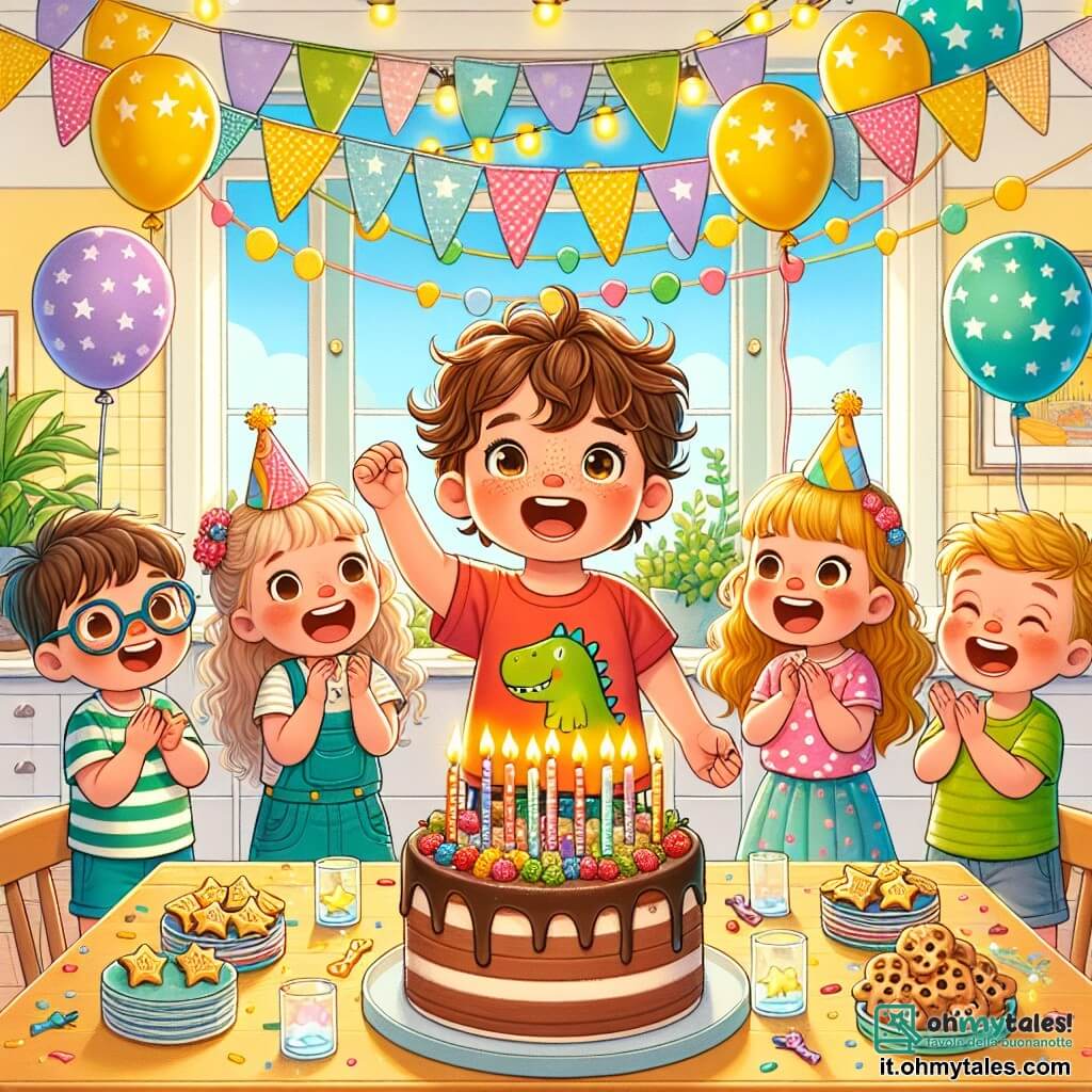 Illustrazione che rappresenta una gioiosa scena di compleanno in una cucina luminosa e colorata. Le pareti sono dipinte di giallo pastello, decorate con festoni di carta e palloncini multicolori che fluttuano nell'aria. Al centro, un grande tavolo di legno è adornato con una splendida torta al cioccolato, con candele scintillanti e piatti di biscotti a forma di stella. Il personaggio principale è un bambino di 3 anni, con capelli ricci e castani, occhi brillanti di gioia, che indossa una maglietta rossa con un dinosauro e pantaloni corti blu. È in piedi, sorridente, con le braccia alzate in segno di celebrazione, circondato dai suoi amici. Tra i personaggi secondari ci sono due bambini: una ragazza di 3 anni con capelli lunghi e biondi, vestita con un abito rosa a pois, che tiene un palloncino a forma di stella, e un ragazzo di 4 anni con capelli castani e occhiali, vestito con una maglietta verde, che applaude con entusiasmo. La scena principale mostra il bambino che festeggia il suo compleanno, circondato dai suoi amici, tutti ridendo e divertendosi, creando un'atmosfera di felicità e amicizia. Risate e sorrisi illuminano la scena, mentre coriandoli colorati fluttuano nell'aria, aggiungendo alla magia di questo momento speciale.