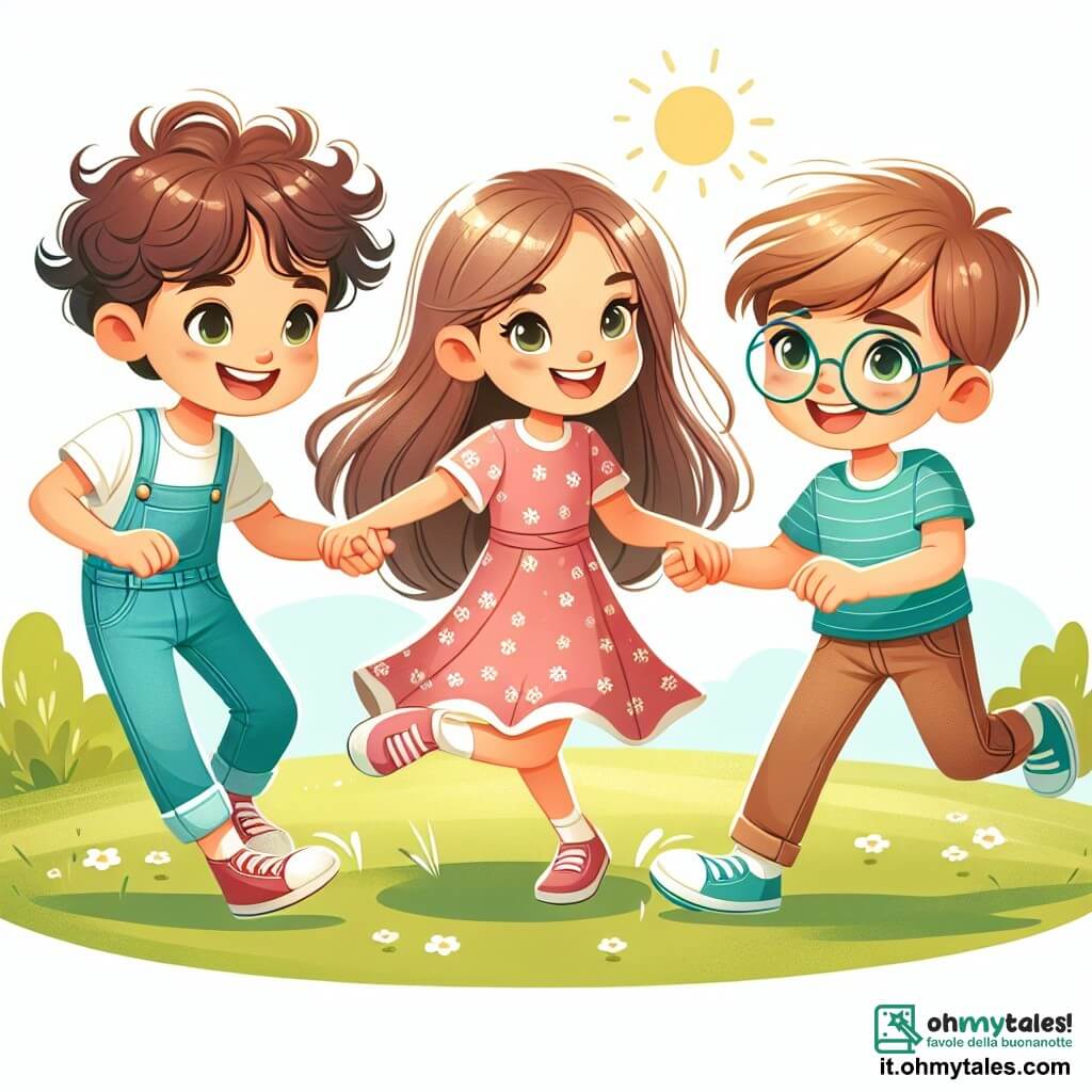 Une illustration destinée aux enfants représentant un petit garçon aux cheveux bouclés, une petite fille aux cheveux longs et un garçonnet aux lunettes, jouant joyeusement dans un parc ensoleillé, illustrant ainsi une belle histoire sur l'amitié.