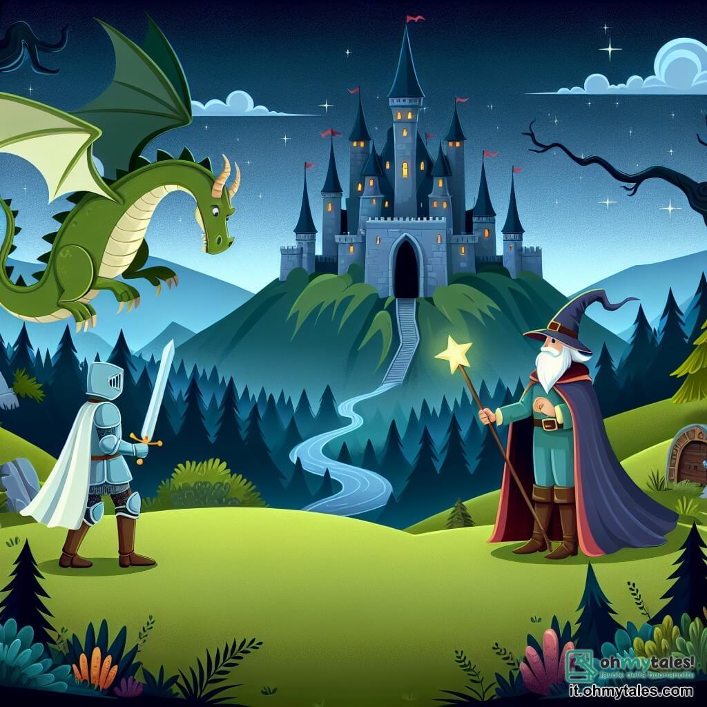 Une illustration destinée aux enfants représentant un jeune chevalier courageux affrontant un dragon magique avec l'aide d'un sage magicien dans un château médiéval perché sur une colline verdoyante et entouré de mystérieuses forêts sombres.