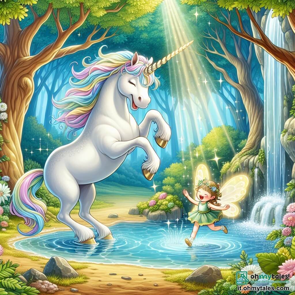 Une illustration sous forme de dessin destinée aux enfants représentant une radure enchantée au cœur d'une forêt magique, où une magnifique licorne blanche, avec un corne scintillant et une crinière aux reflets arc-en-ciel, s'approche d'une source cristalline, tandis qu'une petite fée aux ailes dorées, flottant joyeusement à ses côtés, observe avec émerveillement, le tout baigné dans une lumière douce et colorée, symbolisant la magie et l'harmonie de la nature.