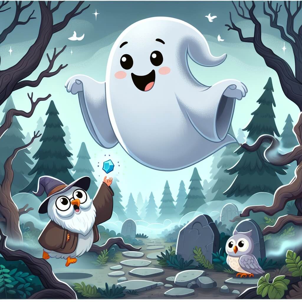 Une illustration destinée aux enfants représentant un fantôme joyeux flottant dans une forêt enchantée, accompagné d'un hibou sage, à la recherche d'une mystérieuse pierre magique, dans une atmosphère remplie de brume mystique et d'arbres aux branches tordues.