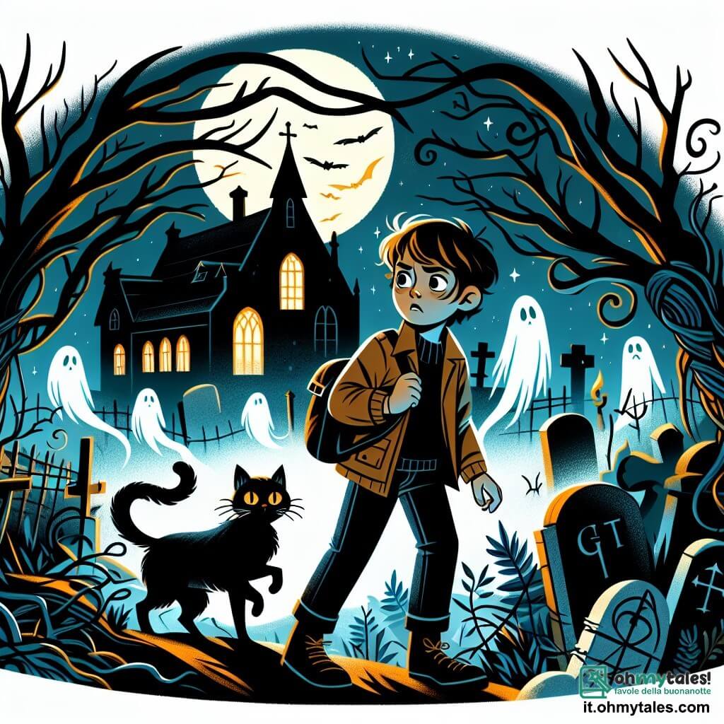 Une illustration destinée aux enfants représentant un jeune garçon courageux, perdu dans une forêt sombre, accompagné d'un mystérieux chat noir, dans un cimetière hanté par des fantômes et éclairé par la lueur de la pleine lune.