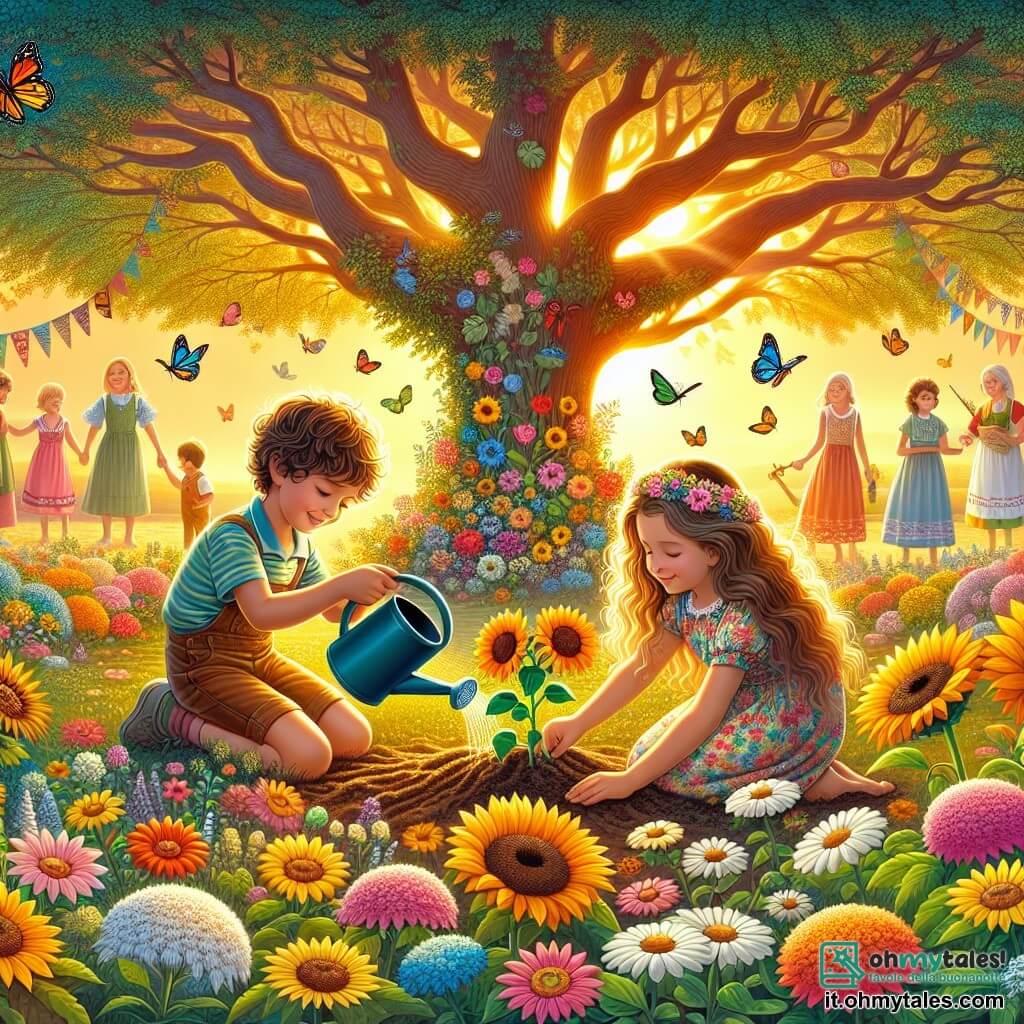 Illustrazione che rappresenta un giardino colorato, baciato dalla luce dorata del sole al tramonto. Fiori brillanti, come girasoli e margherite, danzano dolcemente al vento, mentre un grande albero maestoso si erge sullo sfondo, con i suoi rami che offrono ombra e rifugio agli uccelli canterini. In primo piano, un ragazzo di dieci anni, con capelli ricci e un sorriso dolce, è accovacciato, con le mani piene di terra, mentre pianta un piccolo fiore. Accanto a lui, una ragazza di nove anni, con capelli lunghi e ondulati, indossa un vestito colorato e osserva attentamente, con un sorriso caloroso sul viso, tenendo un annaffiatoio. La scena trasmette un'atmosfera di tenerezza e nostalgia, simboleggiando amore e ricordo. Farfalle colorate volano intorno a loro, aggiungendo un tocco di magia a questo momento di connessione con la natura. Sullo sfondo, amici e familiari si radunano, condividendo risate e ricordi, creando così un'atmosfera di celebrazione della vita e dell'amicizia.