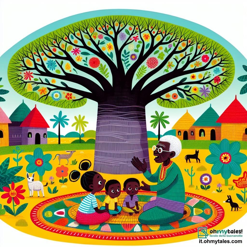 Une illustration sous forme de dessin destinée aux enfants représentant un grand baobab majestueux au centre d'un village africain coloré, avec un homme sage à la peau foncée et aux cheveux grisonnants, assis sur un tapis de feuilles, racontant une histoire captivante aux enfants, dont une petite fille aux nattes et un petit garçon aux yeux pétillants, tous deux écoutant attentivement, entourés de fleurs vibrantes et d'animaux curieux, symbolisant l'harmonie et la diversité de leur communauté.
