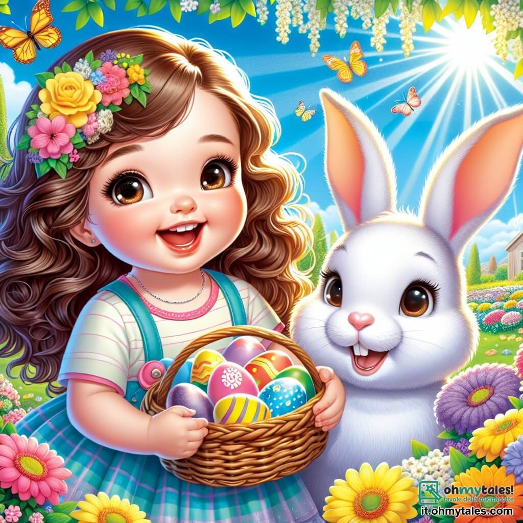 Une illustration sous forme de dessin destinée aux enfants représentant un jardin ensoleillé rempli de fleurs colorées, avec une petite fille de 1 an aux cheveux bouclés et aux yeux pétillants, qui sourit joyeusement en tenant un panier en osier rempli d'œufs de Pâques colorés, tandis qu'un adorable petit lapin blanc aux grandes oreilles et au pelage soyeux l'observe avec curiosité, tous deux plongés dans une chasse aux œufs magique, entourés de papillons virevoltants et d'un ciel bleu éclatant.