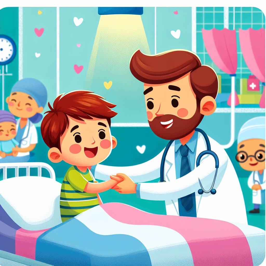 Une illustration destinée aux enfants représentant un jeune homme passionné par la médecine, qui aide les patients avec gentillesse et dévouement, accompagné de son fidèle stéthoscope, dans un hôpital coloré rempli de sourires et d'espoir.