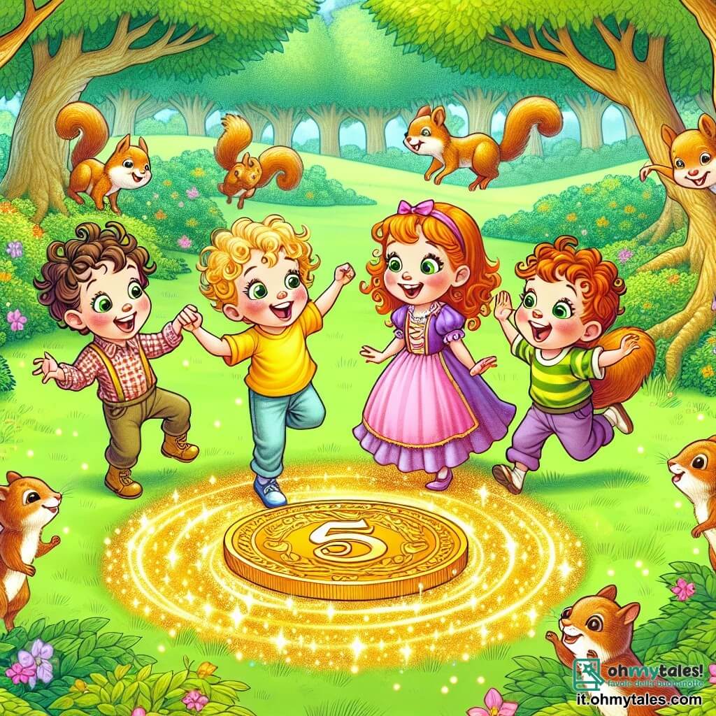 Une illustration sous forme de dessin destinée aux enfants représentant une radure enchantée dans un bosquet coloré, où un groupe de quatre enfants de 5 ans — deux filles aux cheveux bouclés, l'une portant une robe rose et l'autre une tunique violette, et deux garçons aux cheveux courts, l'un en t-shirt jaune et l'autre en chemise à carreaux — s'amusent à danser et à rire autour d'un médaillon doré scintillant posé sur l'herbe, tandis qu'un groupe de petits écureuils espiègles les observe en sautillant joyeusement, capturant l'esprit de la magie et de l'humour de leur aventure fantastique.