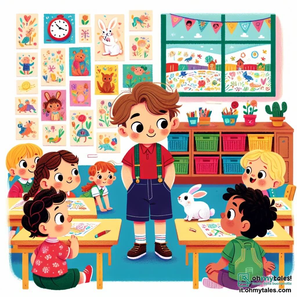 Une illustration sous forme de dessin destinée aux enfants représentant une salle de classe colorée avec des murs décorés de dessins d'enfants, où un petit garçon de 3 ans aux cheveux bruns et aux yeux pétillants, vêtu d'un t-shirt rouge et d'un short bleu, observe avec curiosité un petit coniglio bianco qui a sauté sur une table, tandis que deux autres enfants, une fille aux cheveux blonds en tresse portant une robe rose et un garçon aux cheveux noirs en t-shirt vert, regardent émerveillés, tous les quatre étant en pleine enquête pour retrouver les dessins disparus de leur maîtresse.