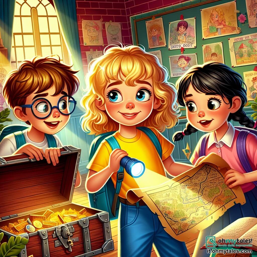 Une illustration sous forme de dessin destinée aux enfants représentant l'intérieur d'une école colorée avec des murs ornés de dessins d'enfants, où une fille de 9 ans aux cheveux bouclés et dorés, vêtue d'un t-shirt jaune et d'un pantalon bleu, tient une vieille carte dans ses mains, entourée de deux amis : un garçon aux cheveux bruns et aux lunettes qui regarde la carte avec curiosité, et une fille aux cheveux noirs tressés qui observe attentivement un vieux coffre en bois, alors qu'ils découvrent un trésor caché dans le jardin de l'école, illuminés par la lueur d'une lampe de poche, avec des expressions d'excitation et de mystère sur leurs visages.