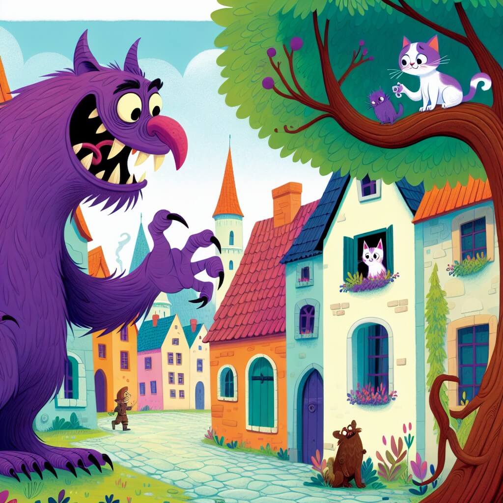 Une illustration destinée aux enfants représentant un monstre à la pellicule violette et aux longues zannes, rencontrant un gattino bloqué sur un arbre dans un charmant village aux rues pavées et aux maisons colorées.