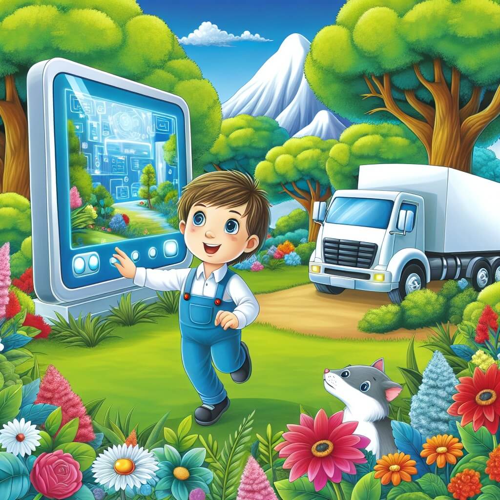 Une illustration destinée aux enfants représentant un jeune garçon curieux et énergique, plongé dans un monde virtuel rempli d'écrans, avec pour compagnon un mystérieux camion blanc, dans un jardin verdoyant entouré de fleurs colorées et d'arbres majestueux.