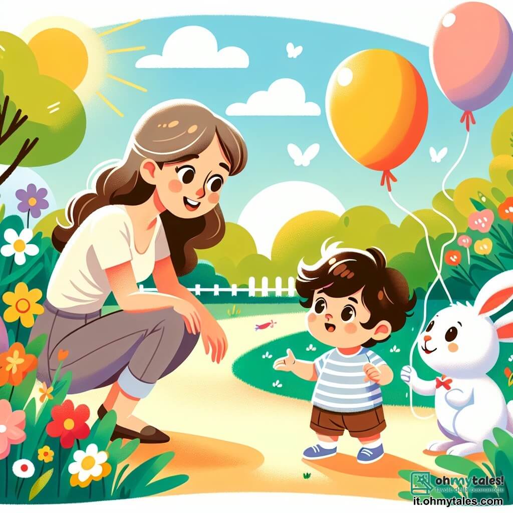 Une illustration sous forme de dessin destinée aux enfants représentant un parc ensoleillé rempli de fleurs colorées et de ballons flottants, avec un garçon de 1 an aux cheveux bruns et bouclés, portant une petite chemise à rayures et un short, qui regarde avec curiosité un coniglietto bianco aux grandes oreilles, tenant un palloncino rosso dans ses pattes, tandis qu'une femme souriante, sa maman, se penche vers lui avec un air d'encouragement, le tout capturant l'instant où ils découvrent le mystérieux chemin du coniglietto qui les mène à l'aventure.