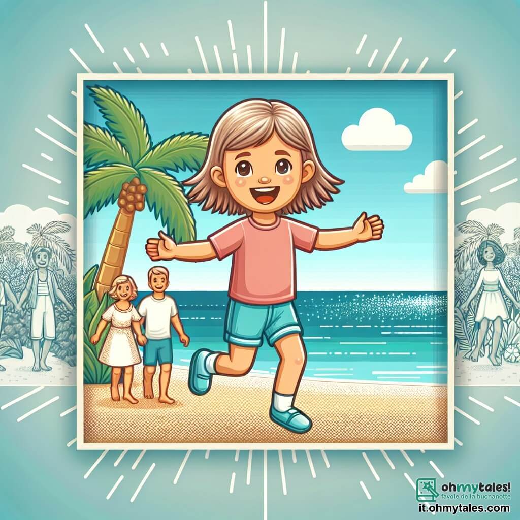 Une illustration destinée aux enfants représentant une fillette très joyeuse en vacances à la plage, accompagnée de sa famille, avec en arrière-plan des palmiers, un ciel bleu et une mer scintillante.
