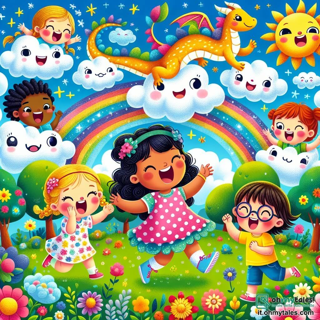 Illustrazione che rappresenta un parco colorato e soleggiato, pieno di fiori vivaci e alberi con foglie verdi. Al centro, una bambina di cinque anni, sorridente, con capelli ricci e un vestito rosa a pois, fluttua gioiosamente nell'aria, circondata da nuvole morbide a forma di animali. Accanto a lei, tre amiche: una bambina di cinque anni con capelli biondi intrecciati, che indossa un vestito blu e ride di gusto; un'altra bambina di cinque anni con capelli castani e occhiali, vestita con una gonna a fiori, che applaude; e una piccola con capelli rossi, in una maglietta gialla, che punta un grande nuvola a forma di gatto. Sullo sfondo, una nuvola drago sorridente, con squame scintillanti, partecipa al loro gioco di risate e barzellette, creando un'atmosfera gioiosa e ludica. Stelle scintillanti iniziano a comparire nel cielo blu, annunciando la magia di una notte piena di sogni.