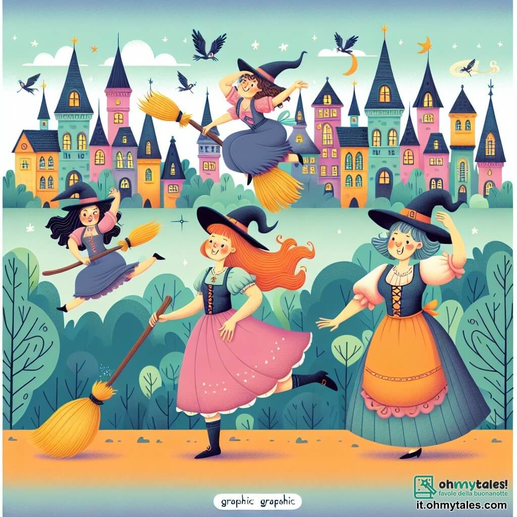 Une illustration destinée aux enfants représentant une sorcière maladroite participant à une compétition de balais volants avec ses amies sorcières élégante et étourdie, dans la magique et colorée ville de Magilandia.