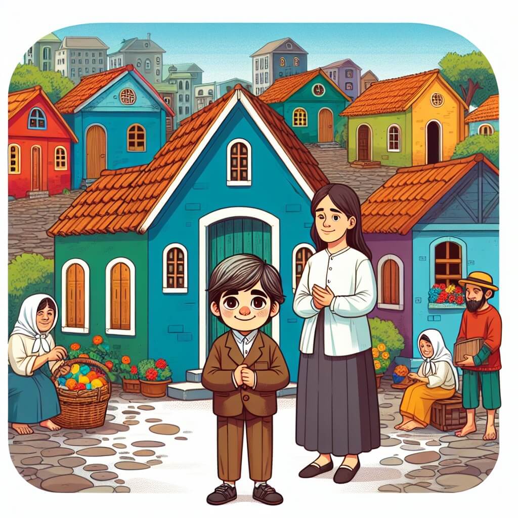 Une illustration destinée aux enfants représentant un jeune garçon aux vêtements modestes, vivant dans une petite maison avec sa maman, dans un quartier pittoresque entouré de maisons colorées et de rues pavées, faisant preuve de générosité et d'amour malgré la pauvreté qui les entoure.