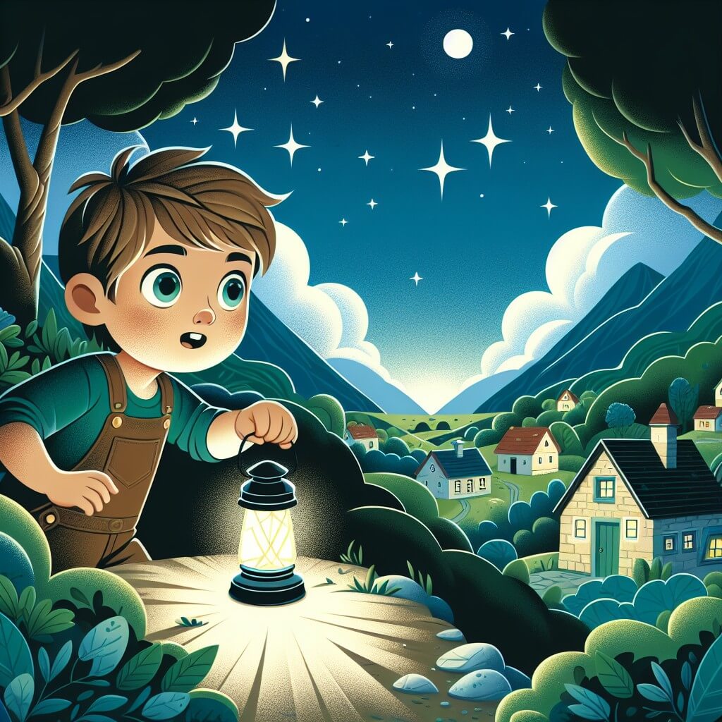 Une illustration destinée aux enfants représentant un jeune garçon plein de curiosité et d'énergie, confronté à sa plus grande peur : l'obscurité de sa chambre, avec pour seul compagnon une lanterne magique, dans un petit village paisible entouré de collines verdoyantes et sous un ciel étoilé scintillant.