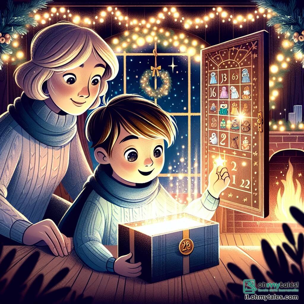 Une illustration destinée aux enfants représentant un petit garçon aux yeux pétillants, découvrant un mystérieux calendrier de l'Avent, accompagné de sa maman bienveillante, dans un salon chaleureux décoré de guirlandes scintillantes et d'une cheminée crépitante, prêt à vivre une aventure magique.