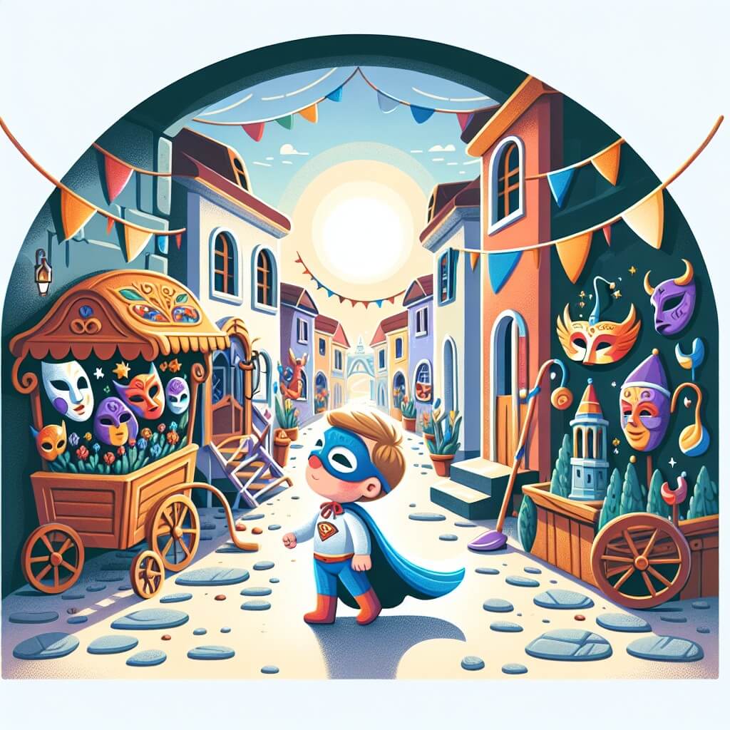 Une illustration destinée aux enfants représentant un jeune garçon vêtu d'un costume de super-héros, qui se retrouve plongé dans un mystérieux carnaval rempli de masques colorés, de carri allegorici et de ruelles étroites, dans un petit village baigné par le soleil de février.