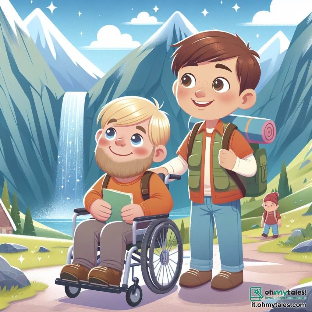 Une illustration destinée aux enfants représentant un jeune garçon plein de curiosité et de joie de vivre, accompagné d'un nouvel ami en fauteuil roulant, partant à l'aventure dans un magnifique paysage montagneux avec une cascade scintillante en arrière-plan.